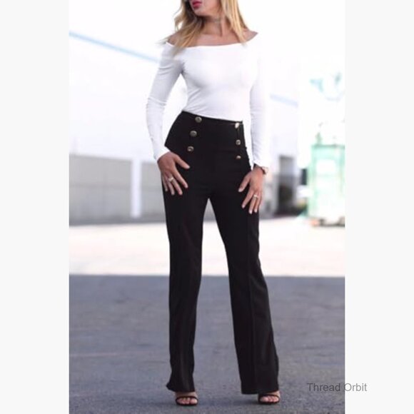 Stretchy High Waisted Wide Leg Flare Pants Sailor Bell Trousers - Picture 3 of 7